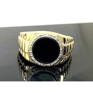 Rolex Style Ring 10k Yellow Gold Diamond Onyx Statement Cocktail Men's S…
